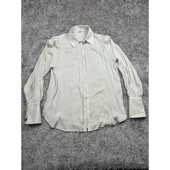 Free People Pleated Puff Sleeve Blouse Beige Sheer Button Down Romantic Feminine - Picture 1 of 7